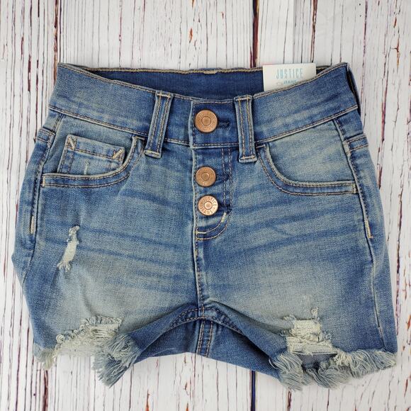 🔴 Justice High Waist Jean Short Girl 6 Blue Raw Hem Distressed Snap Close NWT - Picture 1 of 8